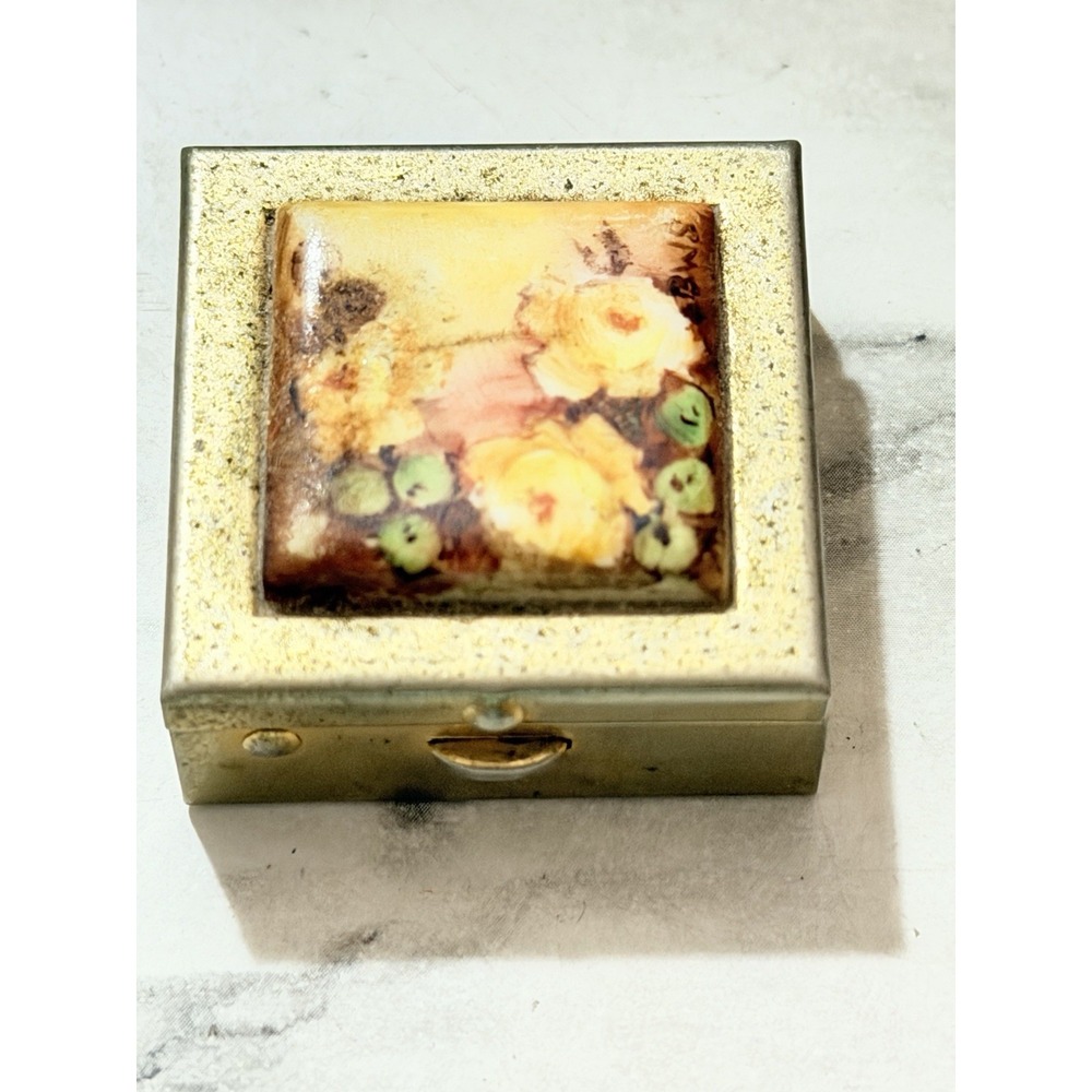 Gold Tone Pill Box with Floral Design 50'S (A3211)
